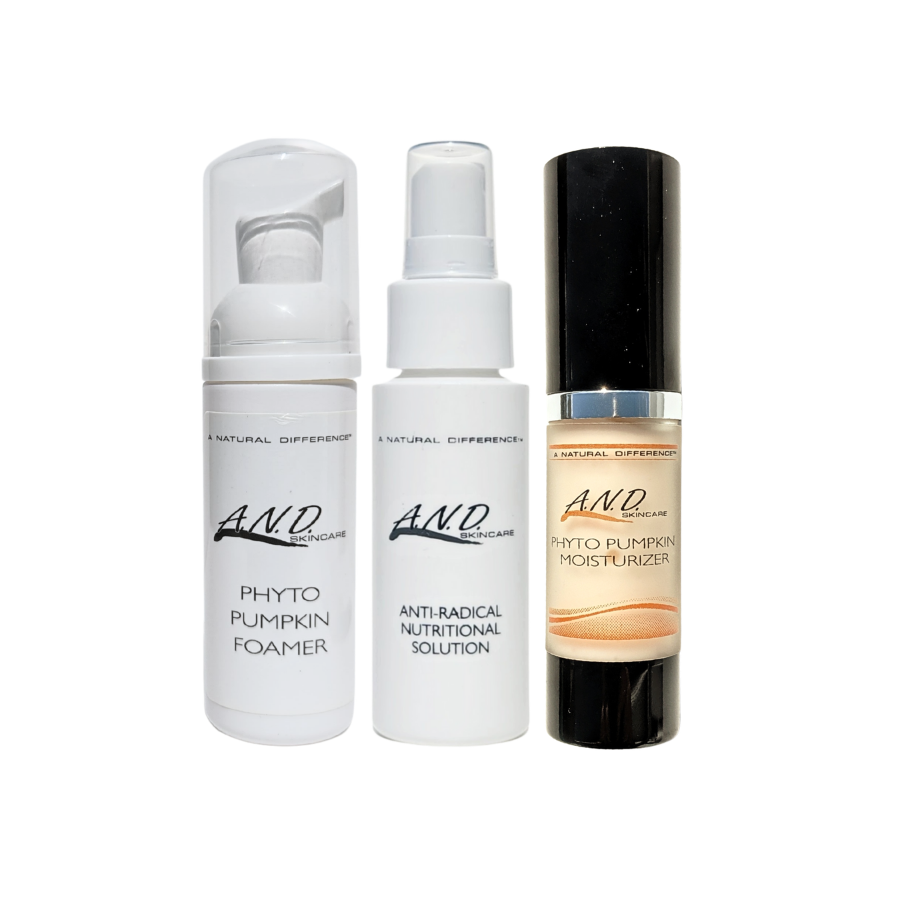Pumpkin enzyme exfoliating skincare trio for acne prone skin with clean EU standard ingredients to smooth texture and clear pores